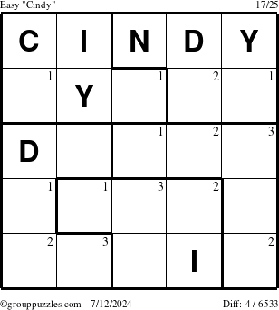 The grouppuzzles.com Easy Cindy puzzle for Friday July 12, 2024 with the first 3 steps marked