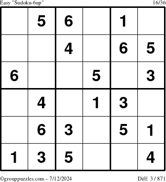 The grouppuzzles.com Easy Sudoku-6up puzzle for Friday July 12, 2024