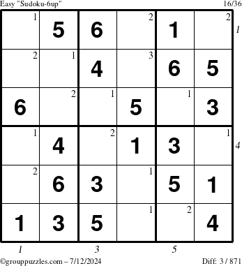 The grouppuzzles.com Easy Sudoku-6up puzzle for Friday July 12, 2024, suitable for printing, with all 3 steps marked