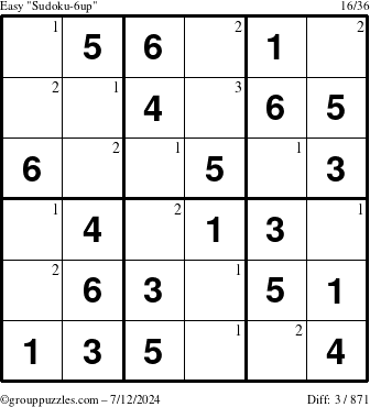 The grouppuzzles.com Easy Sudoku-6up puzzle for Friday July 12, 2024 with the first 3 steps marked