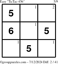 The grouppuzzles.com Easy TicTac-456 puzzle for Friday July 12, 2024 with the first 2 steps marked