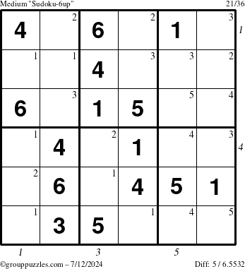 The grouppuzzles.com Medium Sudoku-6up puzzle for Friday July 12, 2024, suitable for printing, with all 5 steps marked