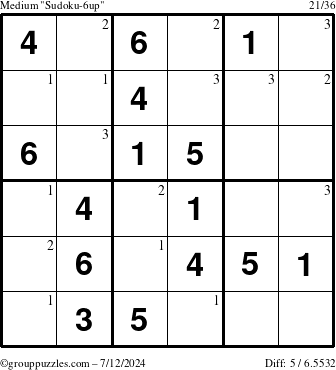 The grouppuzzles.com Medium Sudoku-6up puzzle for Friday July 12, 2024 with the first 3 steps marked