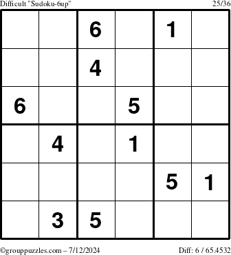 The grouppuzzles.com Difficult Sudoku-6up puzzle for Friday July 12, 2024