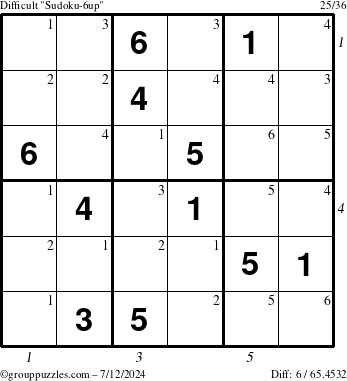 The grouppuzzles.com Difficult Sudoku-6up puzzle for Friday July 12, 2024 with all 6 steps marked