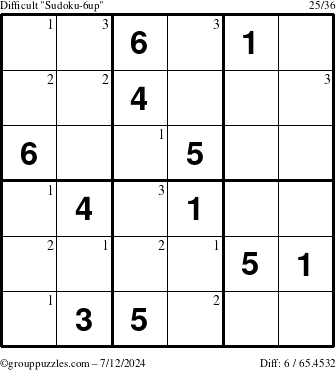 The grouppuzzles.com Difficult Sudoku-6up puzzle for Friday July 12, 2024 with the first 3 steps marked