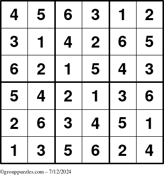 The grouppuzzles.com Answer grid for the Sudoku-6up puzzle for Friday July 12, 2024