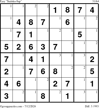 The grouppuzzles.com Easy Sudoku-8up puzzle for Friday July 12, 2024 with the first 3 steps marked