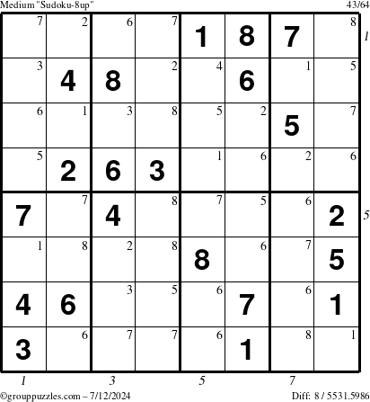 The grouppuzzles.com Medium Sudoku-8up puzzle for Friday July 12, 2024 with all 8 steps marked