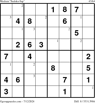 The grouppuzzles.com Medium Sudoku-8up puzzle for Friday July 12, 2024 with the first 3 steps marked