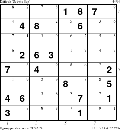 The grouppuzzles.com Difficult Sudoku-8up puzzle for Friday July 12, 2024 with all 9 steps marked