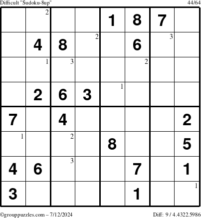 The grouppuzzles.com Difficult Sudoku-8up puzzle for Friday July 12, 2024 with the first 3 steps marked