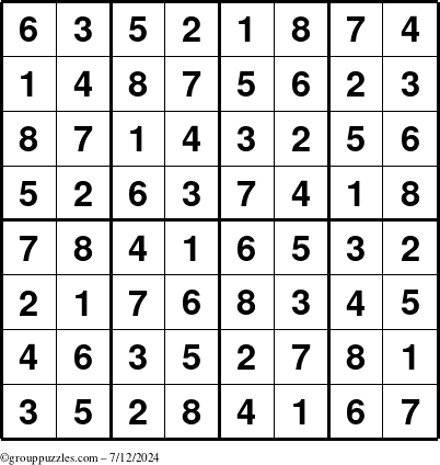 The grouppuzzles.com Answer grid for the Sudoku-8up puzzle for Friday July 12, 2024