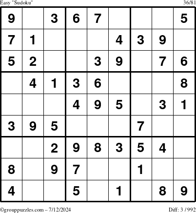 The grouppuzzles.com Easy Sudoku puzzle for Friday July 12, 2024