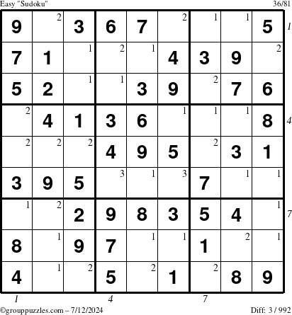 The grouppuzzles.com Easy Sudoku puzzle for Friday July 12, 2024 with all 3 steps marked