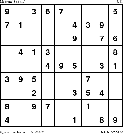 The grouppuzzles.com Medium Sudoku puzzle for Friday July 12, 2024