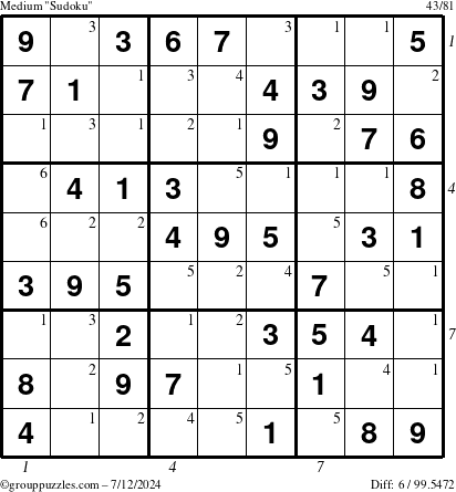 The grouppuzzles.com Medium Sudoku puzzle for Friday July 12, 2024, suitable for printing, with all 6 steps marked