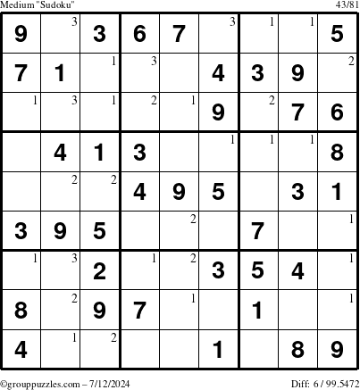 The grouppuzzles.com Medium Sudoku puzzle for Friday July 12, 2024 with the first 3 steps marked