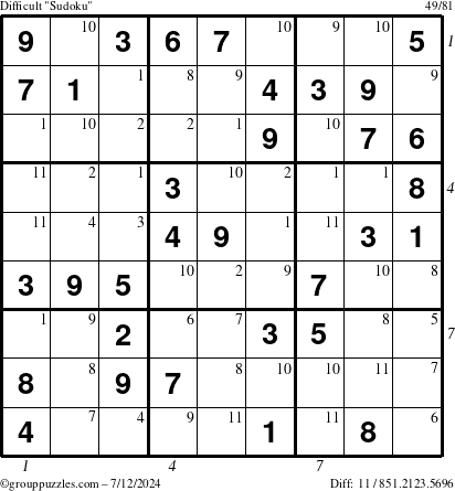 The grouppuzzles.com Difficult Sudoku puzzle for Friday July 12, 2024 with all 11 steps marked