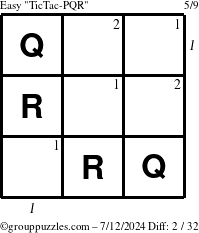 The grouppuzzles.com Easy TicTac-PQR puzzle for Friday July 12, 2024 with all 2 steps marked