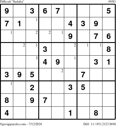 The grouppuzzles.com Difficult Sudoku puzzle for Friday July 12, 2024 with the first 3 steps marked