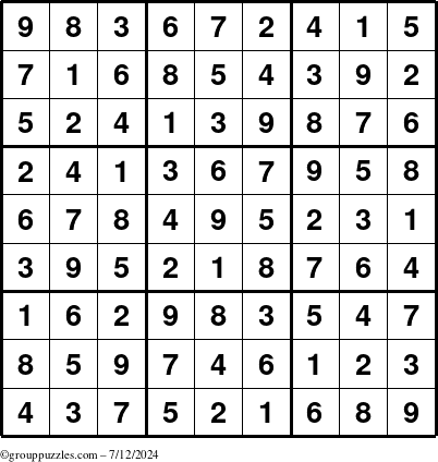 The grouppuzzles.com Answer grid for the Sudoku puzzle for Friday July 12, 2024