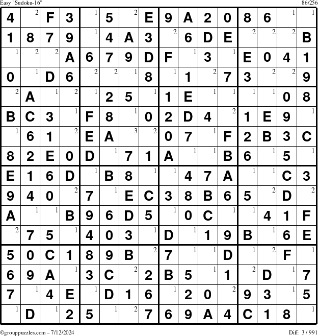 The grouppuzzles.com Easy Sudoku-16 puzzle for Friday July 12, 2024 with the first 3 steps marked