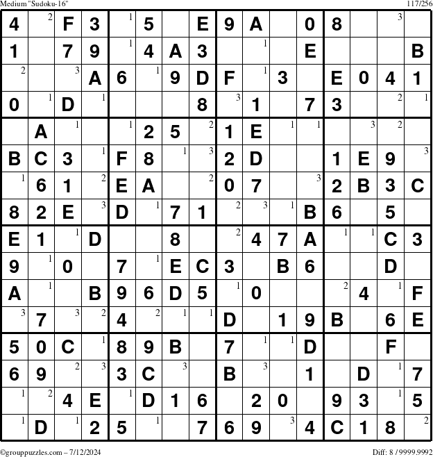 The grouppuzzles.com Medium Sudoku-16 puzzle for Friday July 12, 2024 with the first 3 steps marked