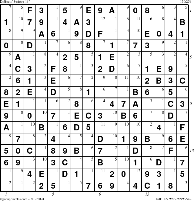 The grouppuzzles.com Difficult Sudoku-16 puzzle for Friday July 12, 2024 with all 12 steps marked