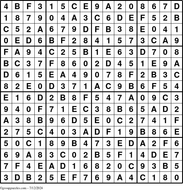 The grouppuzzles.com Answer grid for the Sudoku-16 puzzle for Friday July 12, 2024