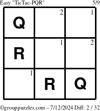 The grouppuzzles.com Easy TicTac-PQR puzzle for Friday July 12, 2024 with the first 2 steps marked