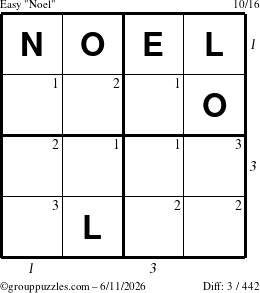 The grouppuzzles.com Easy Noel puzzle for Thursday June 11, 2026, suitable for printing, with all 3 steps marked