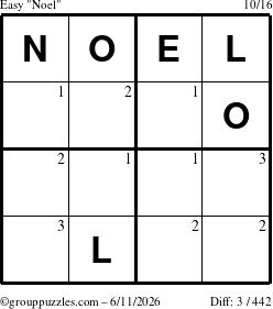 The grouppuzzles.com Easy Noel puzzle for Thursday June 11, 2026 with the first 3 steps marked