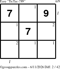 The grouppuzzles.com Easy TicTac-789 puzzle for Thursday June 11, 2026 with all 2 steps marked