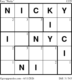 The grouppuzzles.com Easy Nicky puzzle for Thursday June 11, 2026 with the first 3 steps marked