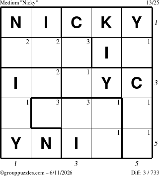 The grouppuzzles.com Medium Nicky puzzle for Thursday June 11, 2026, suitable for printing, with all 3 steps marked