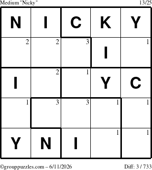 The grouppuzzles.com Medium Nicky puzzle for Thursday June 11, 2026 with the first 3 steps marked