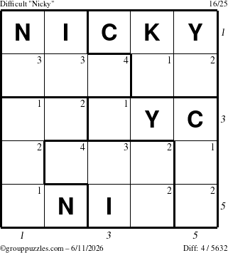 The grouppuzzles.com Difficult Nicky puzzle for Thursday June 11, 2026 with all 4 steps marked