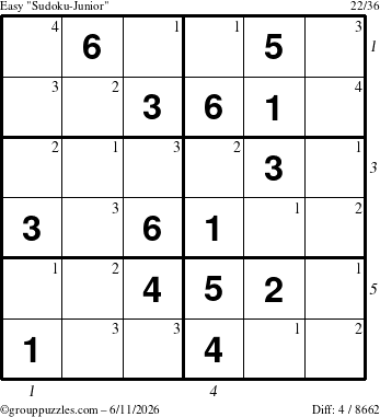 The grouppuzzles.com Easy Sudoku-Junior puzzle for Thursday June 11, 2026 with all 4 steps marked