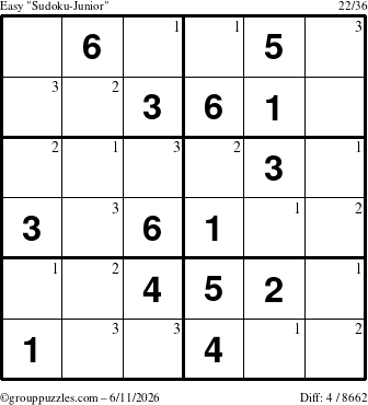 The grouppuzzles.com Easy Sudoku-Junior puzzle for Thursday June 11, 2026 with the first 3 steps marked