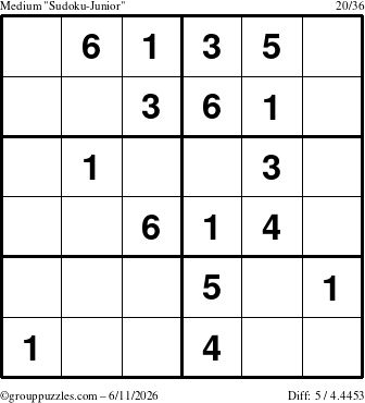 The grouppuzzles.com Medium Sudoku-Junior puzzle for Thursday June 11, 2026