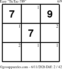The grouppuzzles.com Easy TicTac-789 puzzle for Thursday June 11, 2026 with the first 2 steps marked