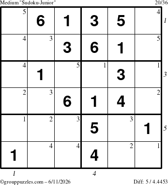 The grouppuzzles.com Medium Sudoku-Junior puzzle for Thursday June 11, 2026, suitable for printing, with all 5 steps marked