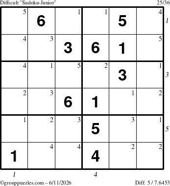 The grouppuzzles.com Difficult Sudoku-Junior puzzle for Thursday June 11, 2026, suitable for printing, with all 5 steps marked