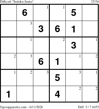 The grouppuzzles.com Difficult Sudoku-Junior puzzle for Thursday June 11, 2026 with the first 3 steps marked