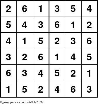 The grouppuzzles.com Answer grid for the Sudoku-Junior puzzle for Thursday June 11, 2026