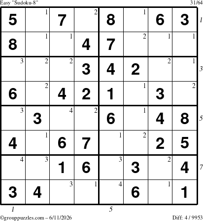 The grouppuzzles.com Easy Sudoku-8 puzzle for Thursday June 11, 2026, suitable for printing, with all 4 steps marked