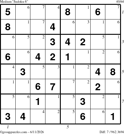 The grouppuzzles.com Medium Sudoku-8 puzzle for Thursday June 11, 2026, suitable for printing, with all 7 steps marked