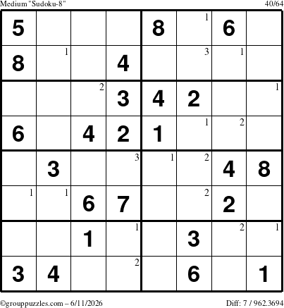 The grouppuzzles.com Medium Sudoku-8 puzzle for Thursday June 11, 2026 with the first 3 steps marked