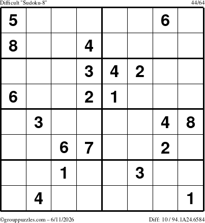 The grouppuzzles.com Difficult Sudoku-8 puzzle for Thursday June 11, 2026